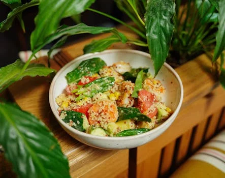 fish bowl with quinoa and tropical salsa